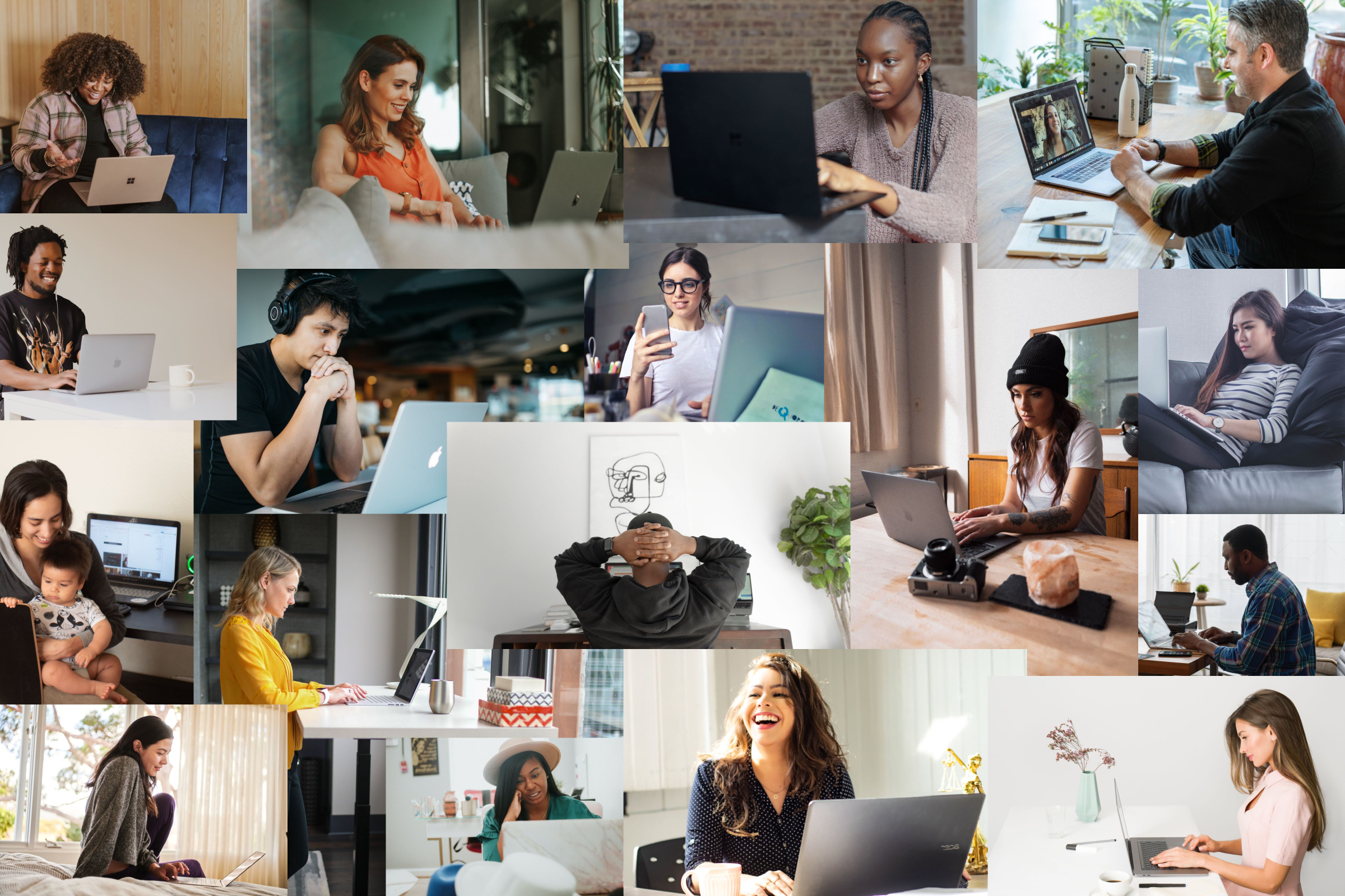 woman working on a laptop in a coffee shop, a man working in his home office, and a woman working in an open co-working space